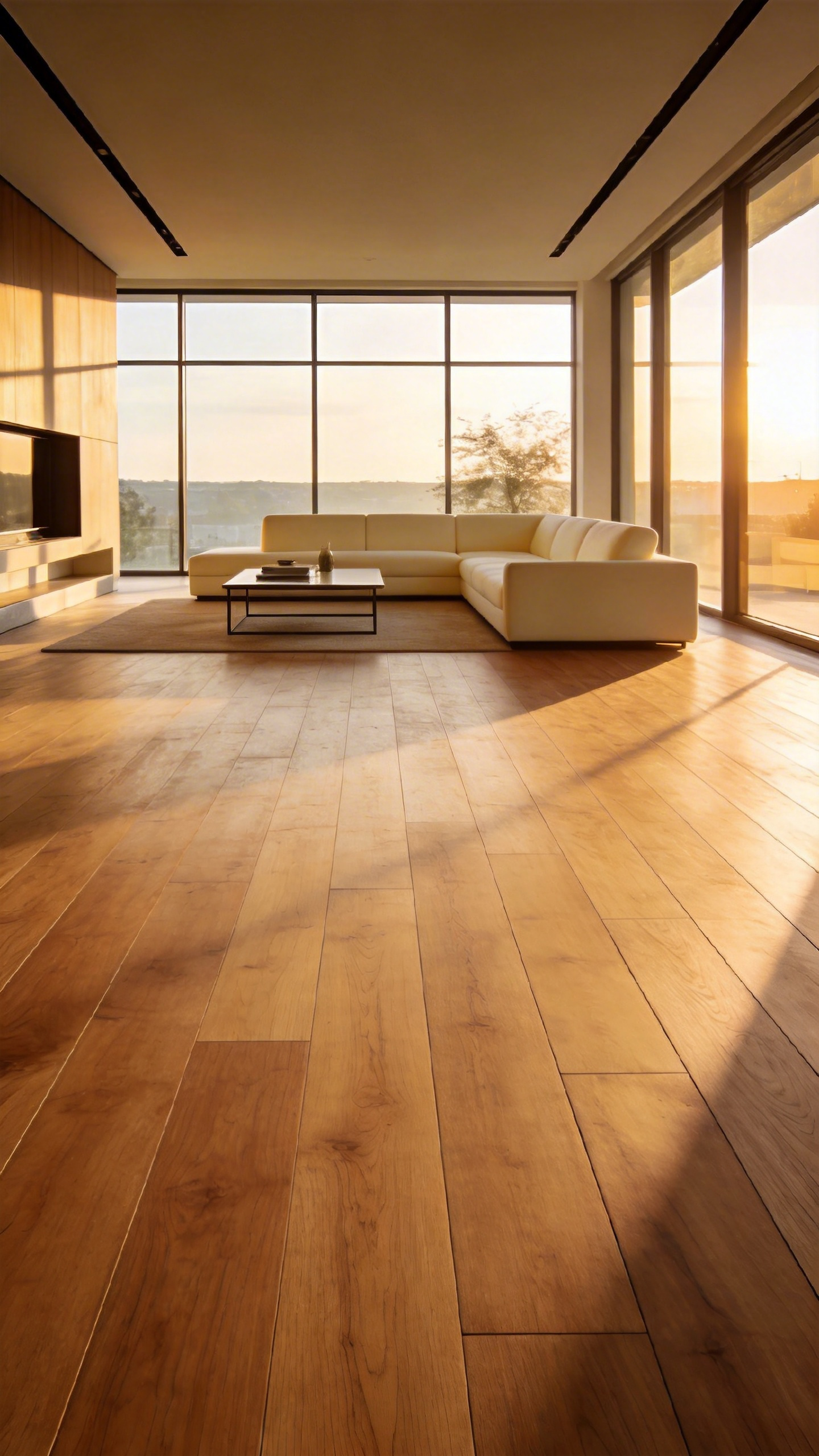 Wide-plank engineered oak hardwood flooring in a contemporary living room with warm natural light.