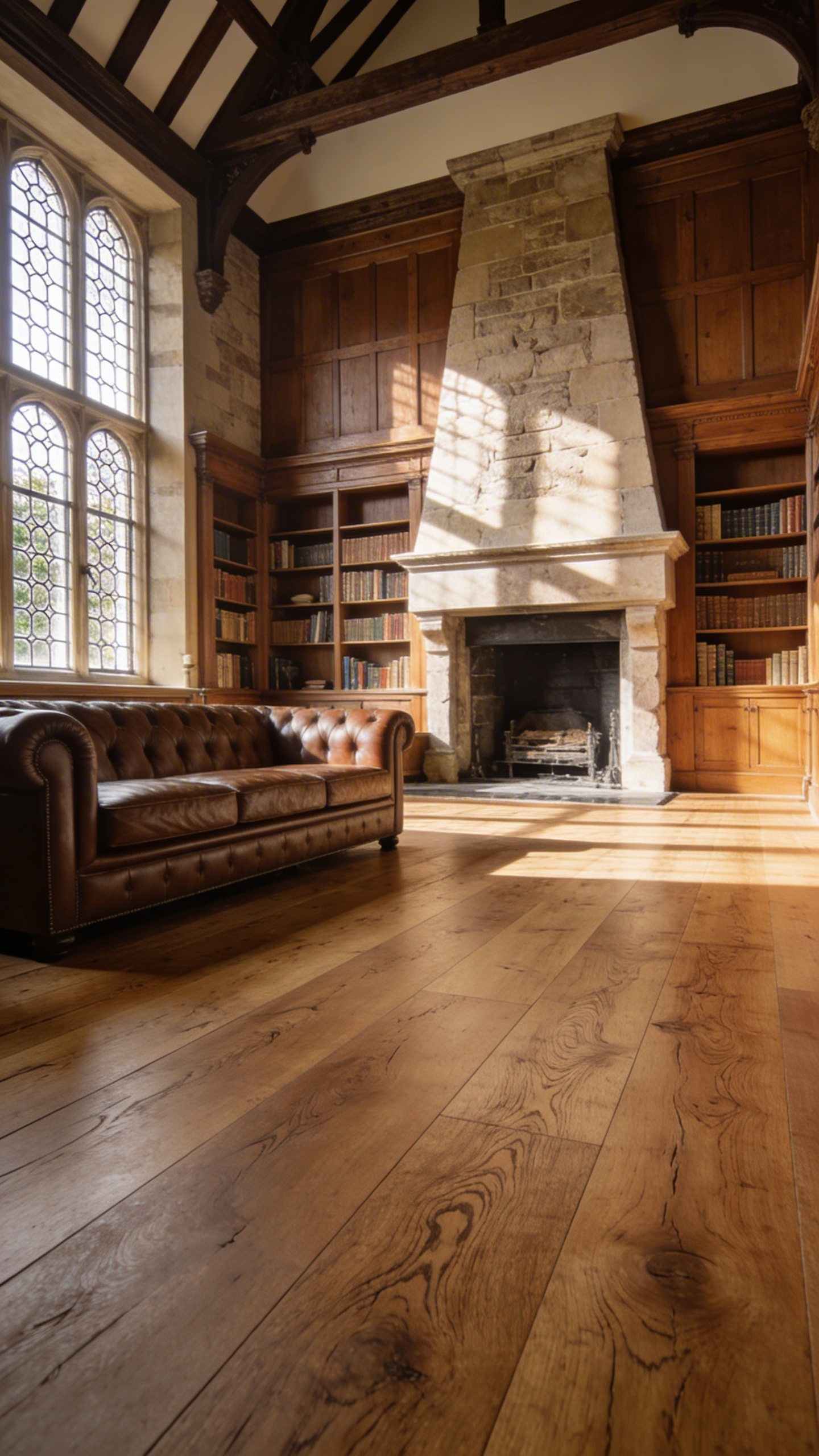 A luxurious living room featuring wide-plank European live-sawn oak flooring in a modern British estate setting.