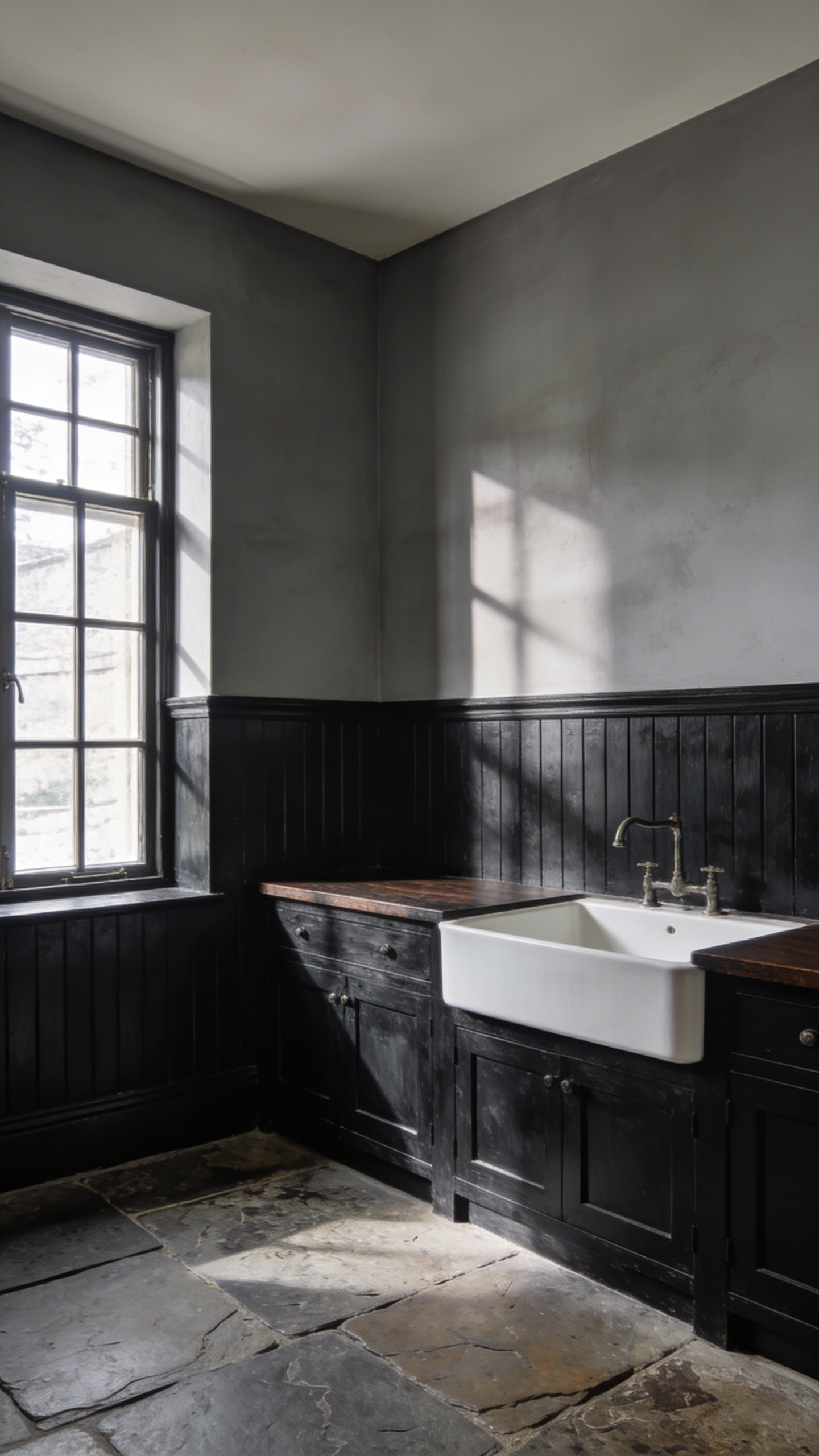 A moody and sophisticated laundry room featuring deep charcoal beadboard walls, a farmhouse sink, and slate floors inspired by historical Victorian scullery designs.