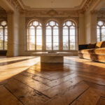 Luxurious living room with antique chevron oak flooring and grand architectural details bathed in warm sunlight.