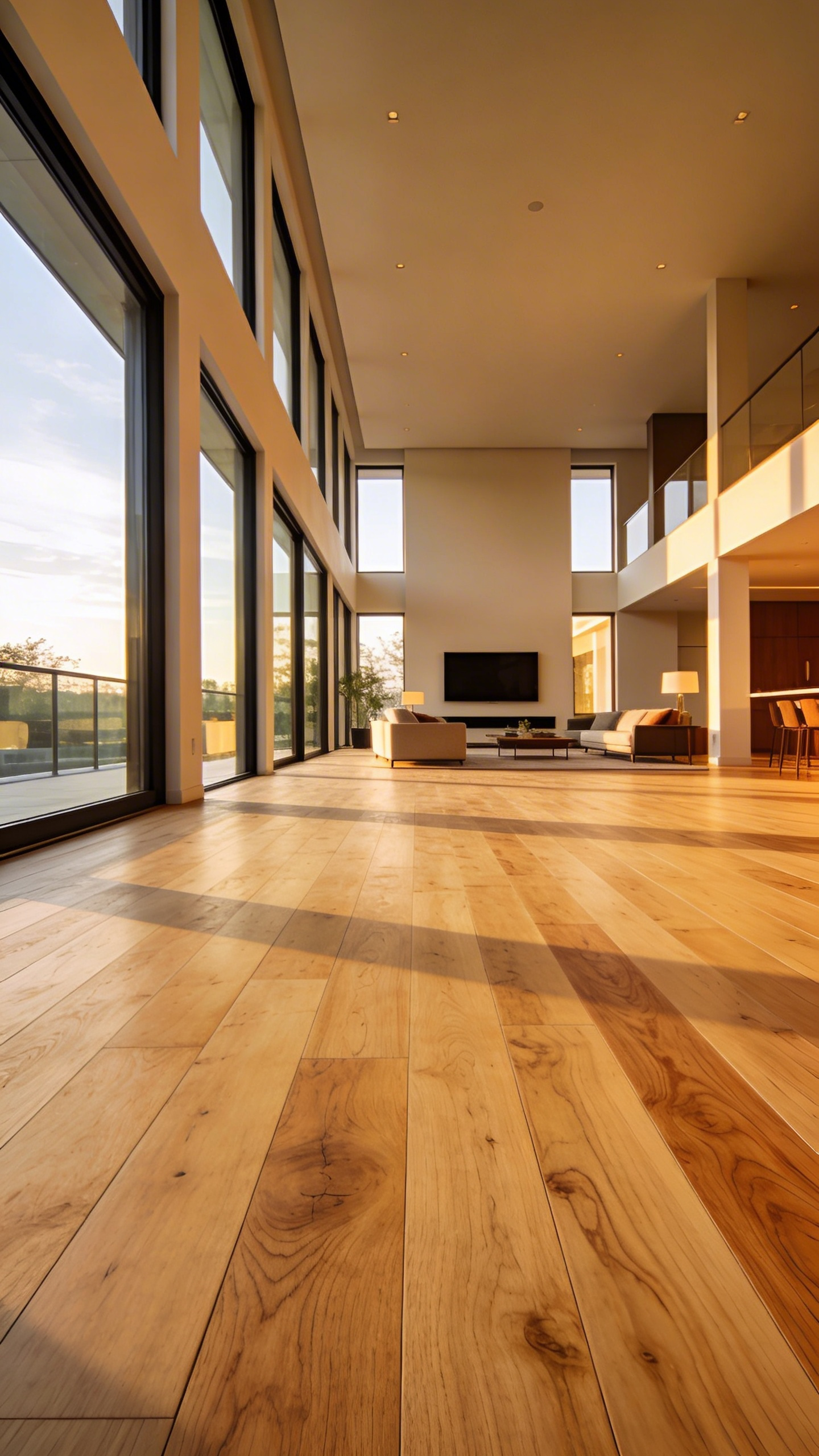A luxurious open-concept living room featuring wide-plank light oak flooring and large windows with natural sunlight.