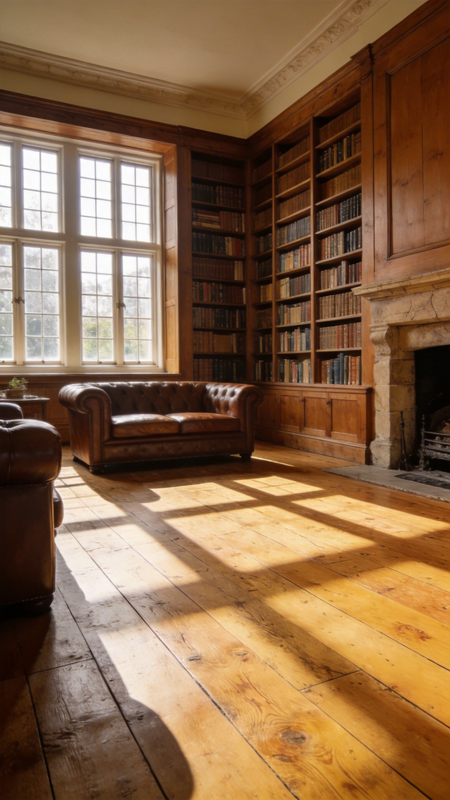 A sun-drenched living room with historic reclaimed heart pine flooring and classic British architectural details.