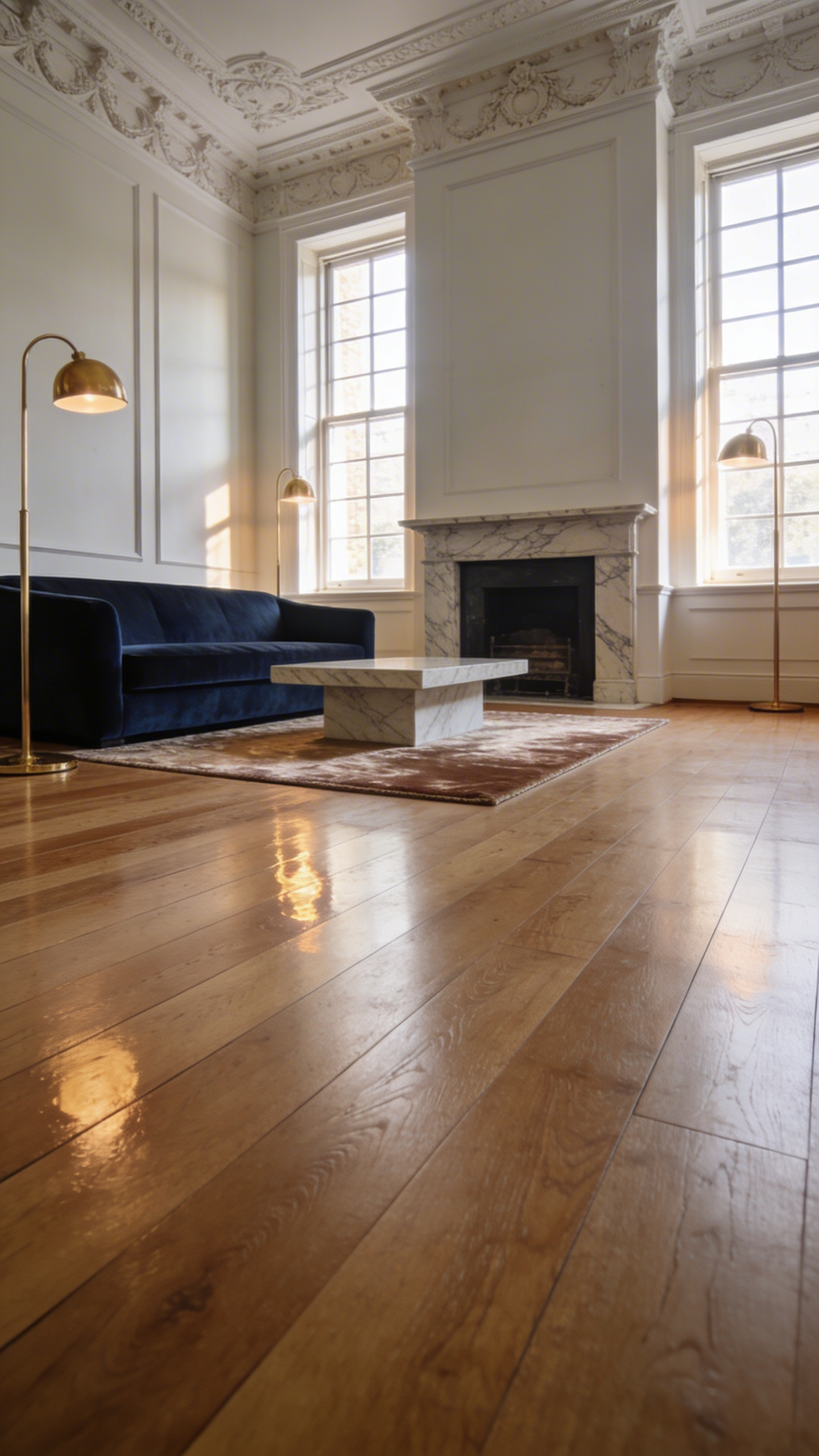 A spacious and quiet luxury living room in a London Victorian townhouse featuring premium wide-plank hardwood flooring and ornate ceiling cornices.