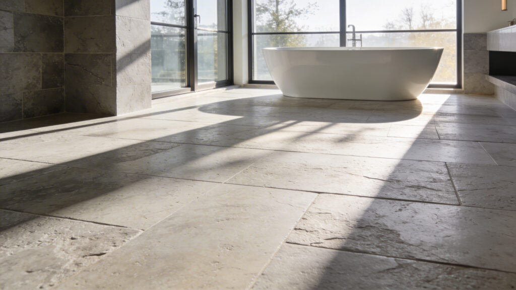 A modern luxury bathroom featuring large brushed limestone floor tiles and a minimalist freestanding tub bathed in natural light.