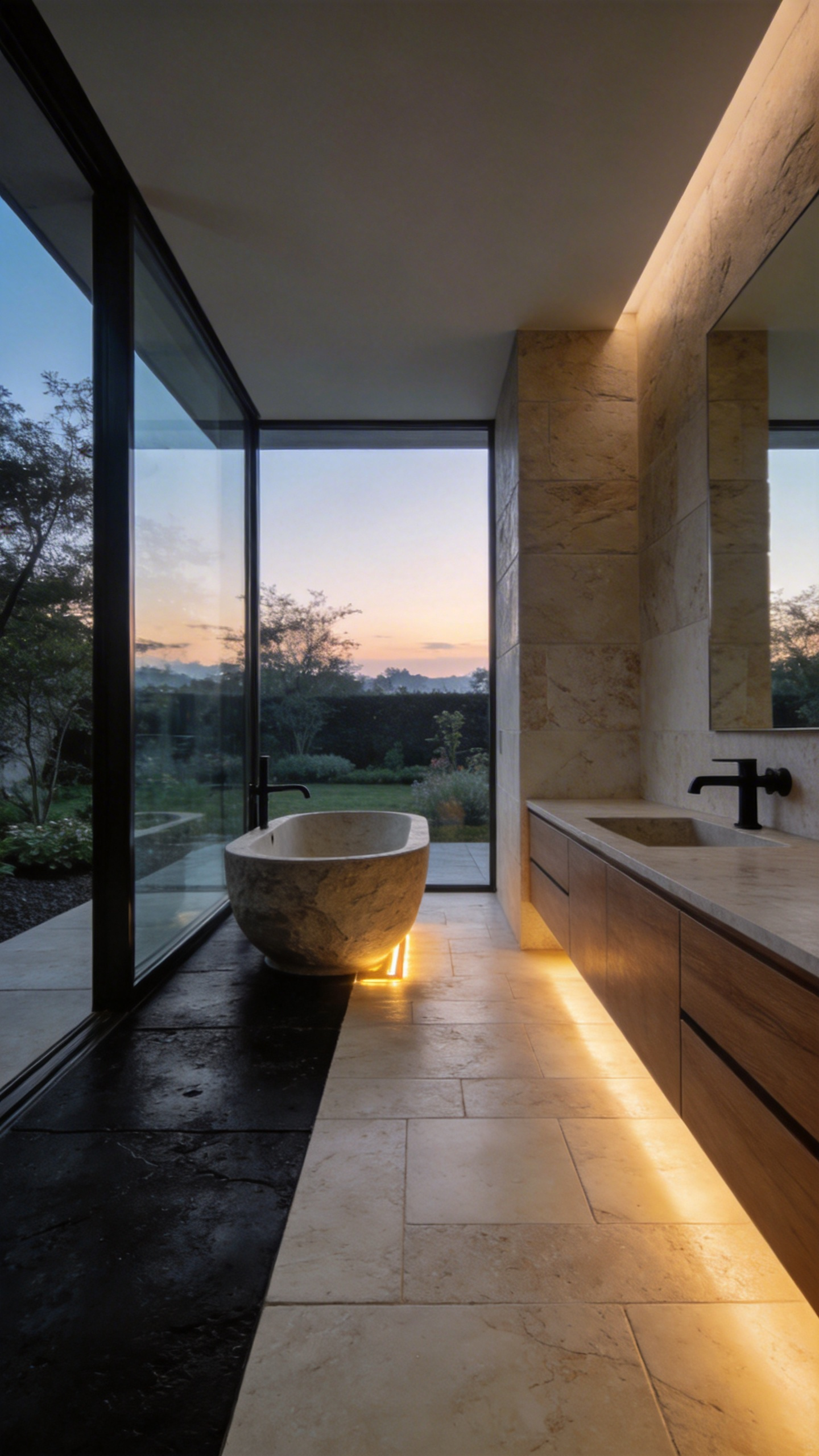 A high-end bathroom design featuring a combination of dark basalt and warm travertine tile flooring next to a modern soaking tub.