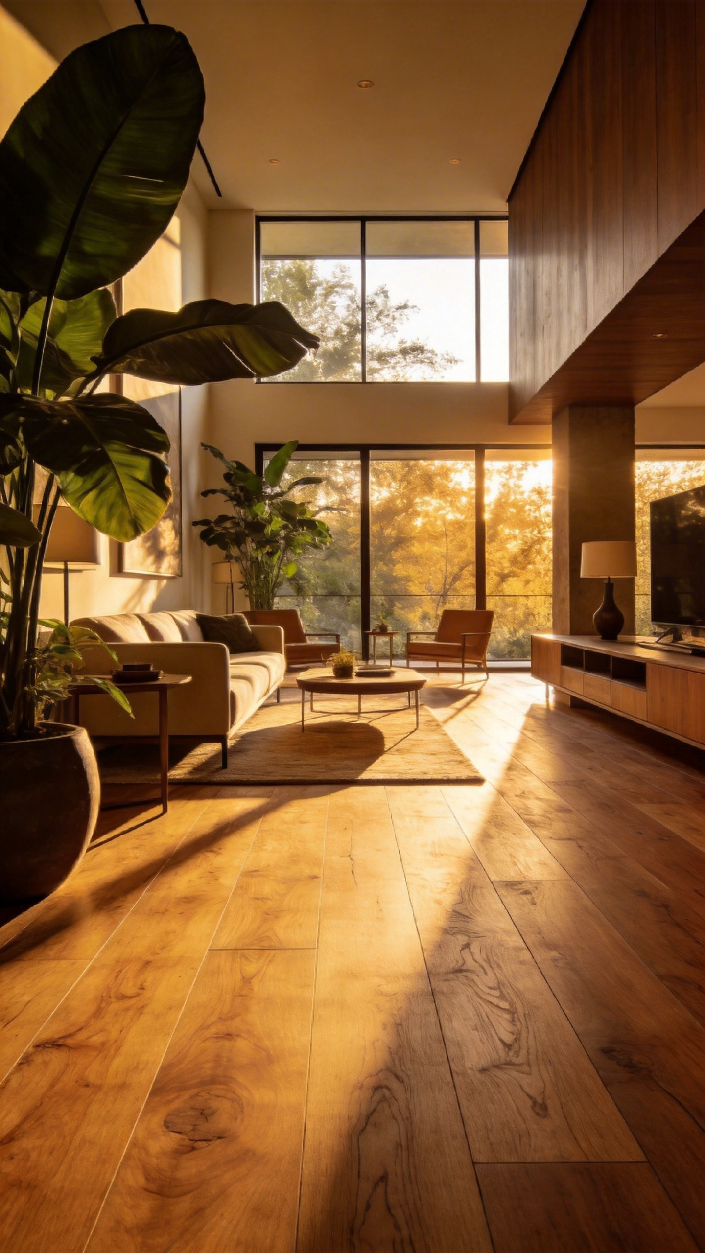 A spacious luxury living room with matte hand-oiled wood floors and biophilic design elements bathed in natural sunlight.