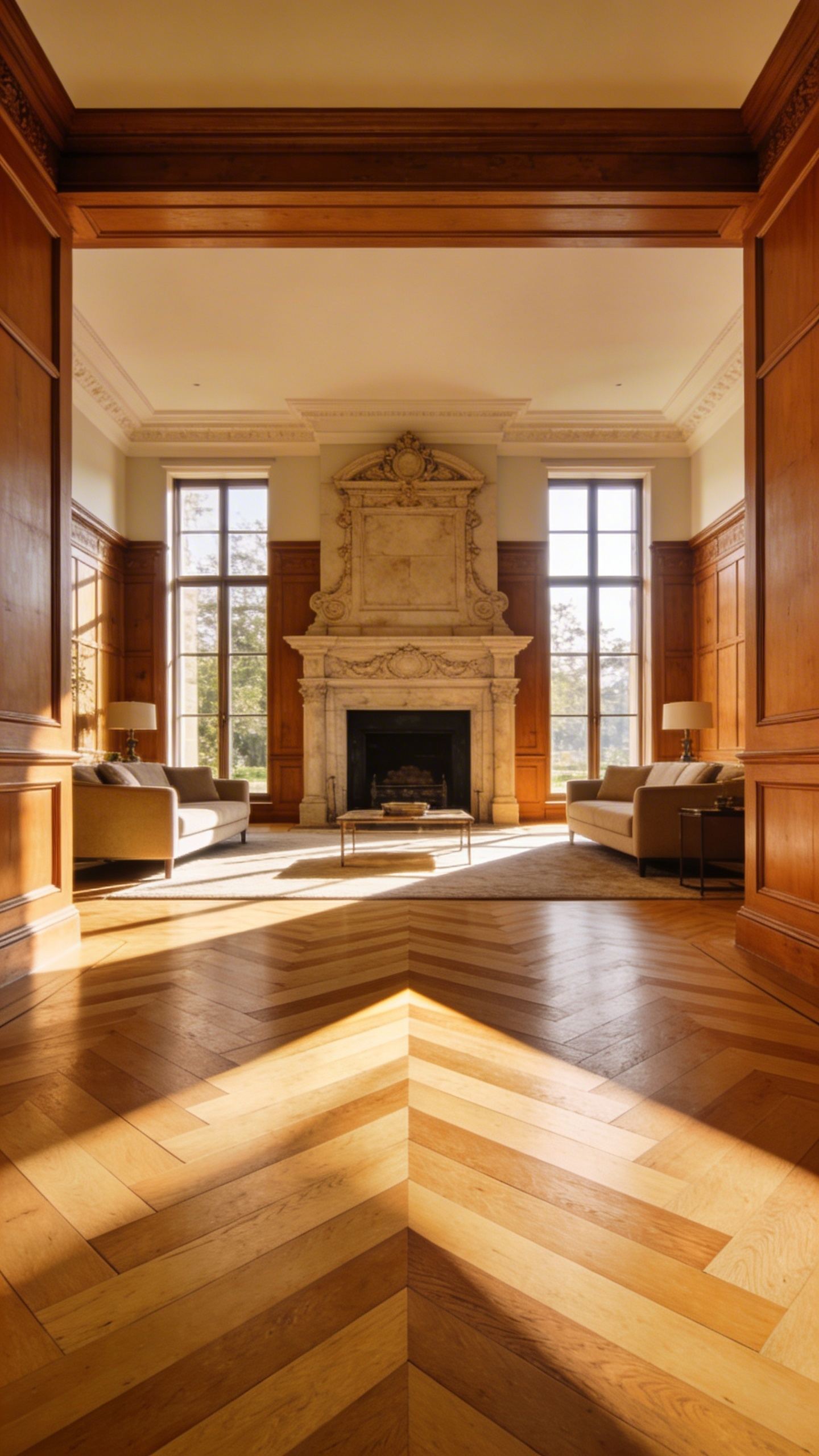 Luxury manor house living room featuring light oak chevron parquet flooring aligned with a central fireplace.