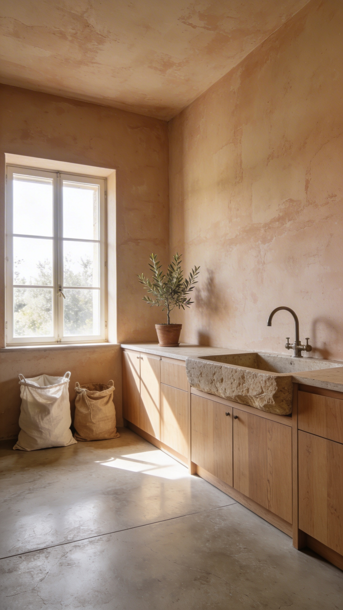 A modern laundry room featuring textured plaster walls in a warm mineral beige, featuring wooden cabinets and a stone sink under soft natural light.