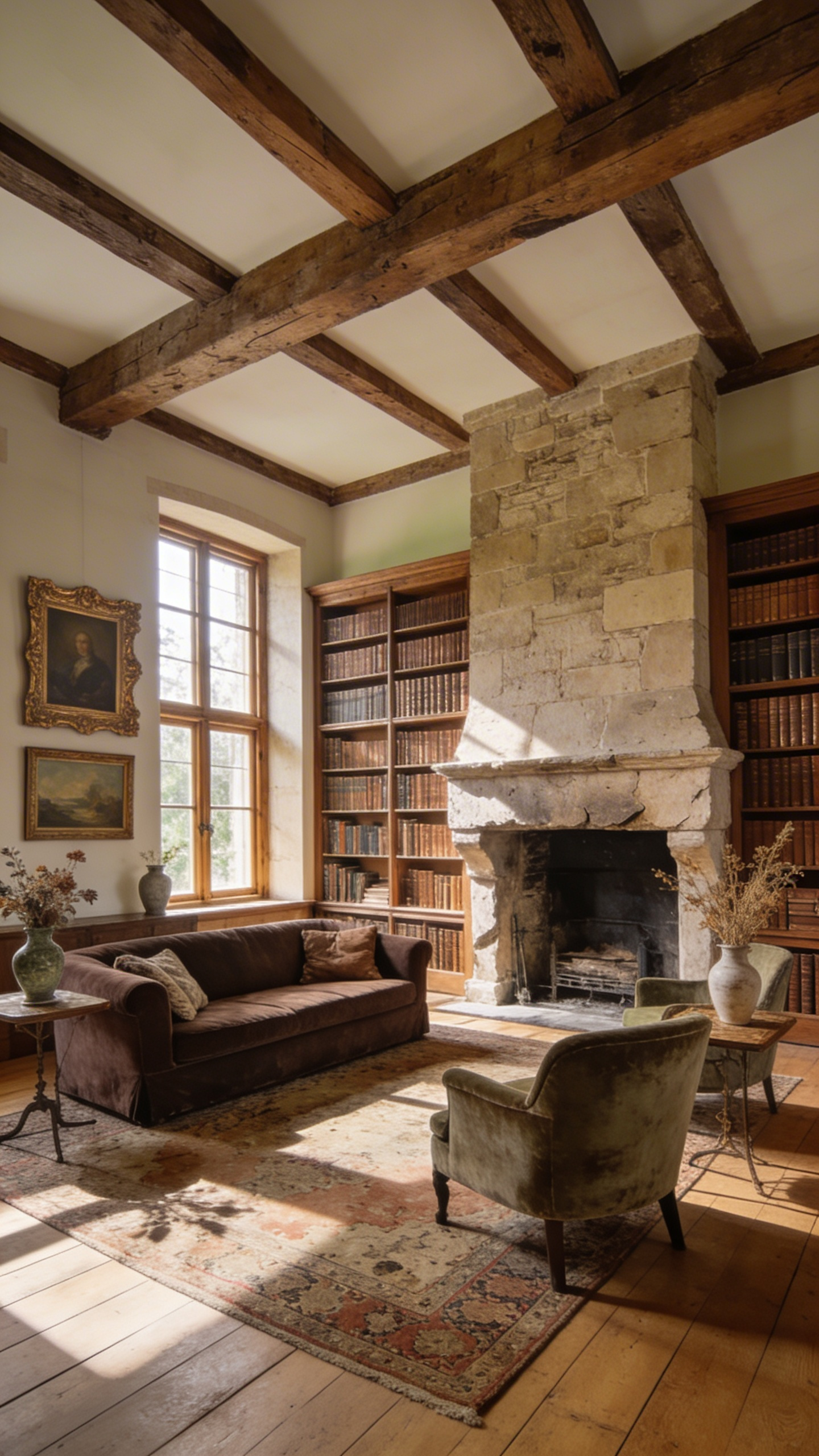 A modern rustic living room with English country house decor featuring a stone fireplace and matte wood finishes.