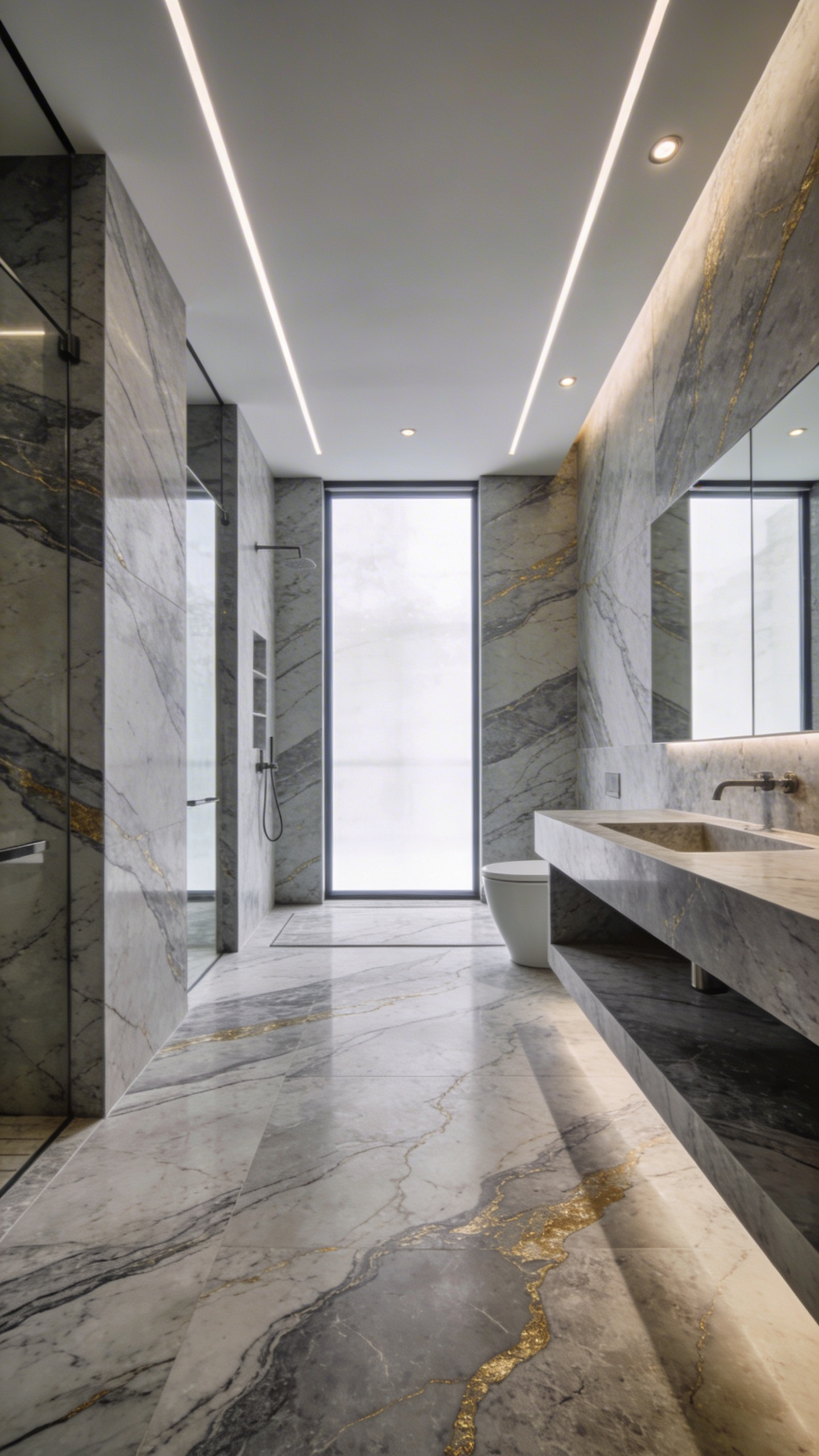 A modern luxury bathroom with seamless large-format Italian sintered stone floors and walls featuring continuous mineral veining and an integrated sink.