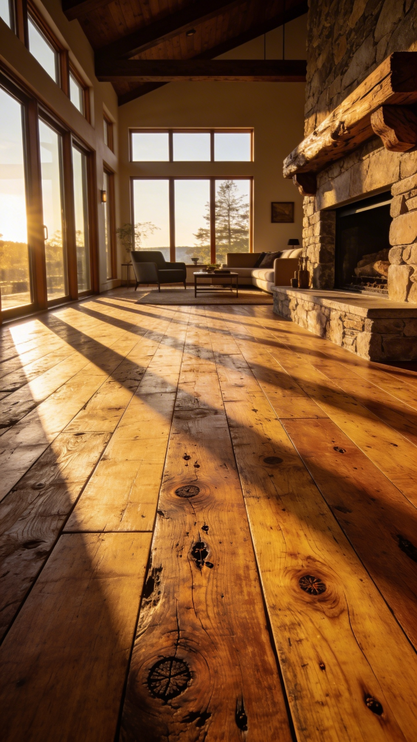 A bright living room with reclaimed Wormy Chestnut flooring showing authentic historical patina and beetle-carved galleries.