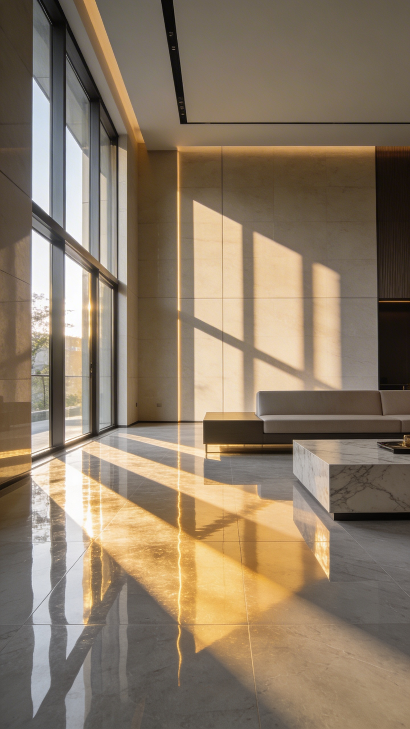 A modern living room with large windows showing how natural light reflects off polished flooring to create bright highlights and a soft glow.