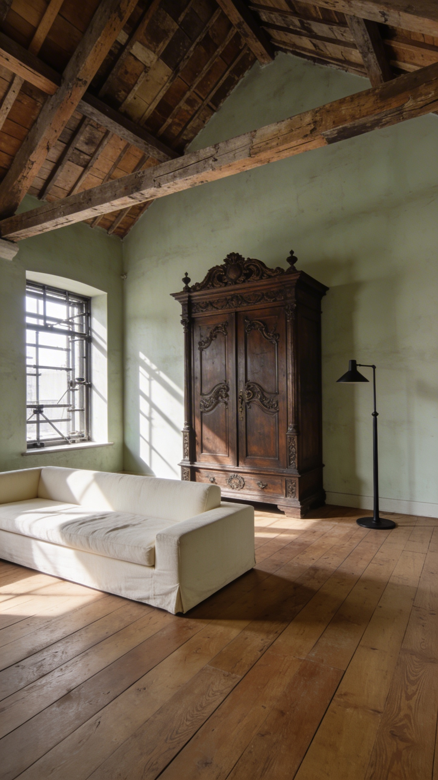 A rustic living room featuring a heavy 19th-century oak armoire contrasted with a slim modern steel lamp and contemporary furniture.