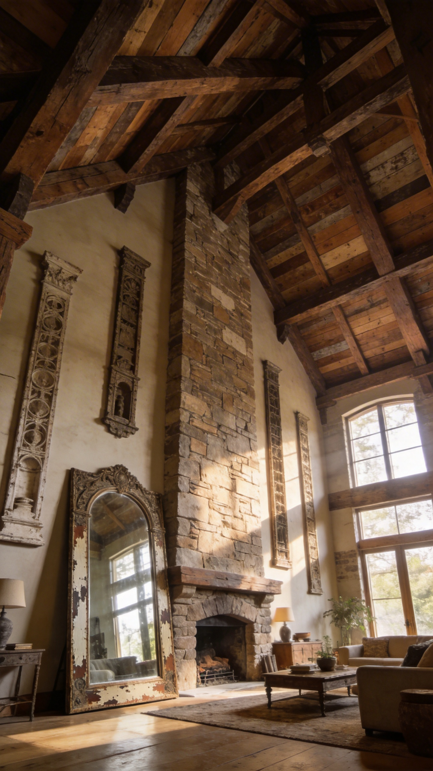 A high-ceilinged rustic living room decorated with tall architectural salvage and a large antique mirror to highlight vertical scale.