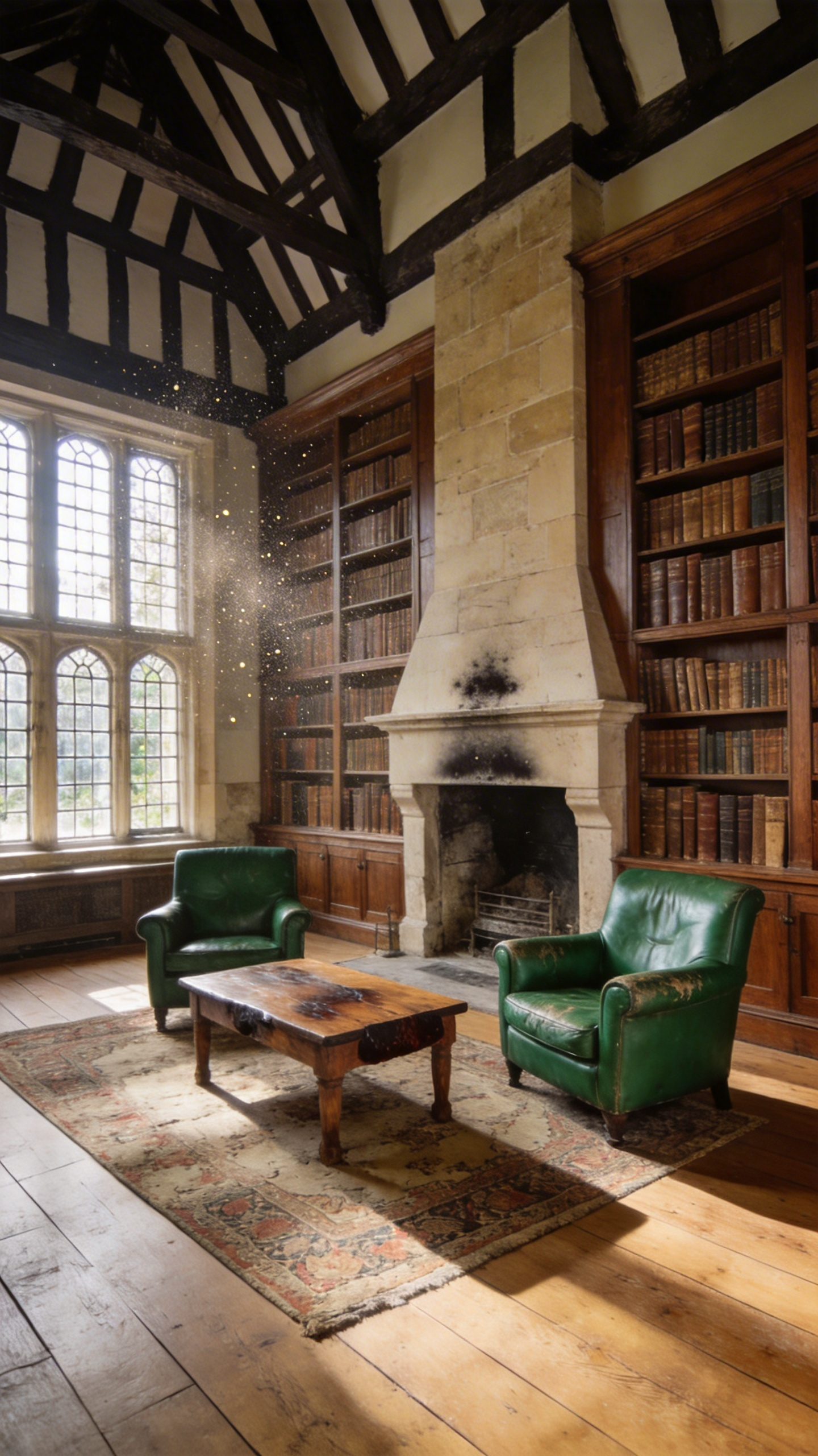A sun-drenched rustic living room in a British manor featuring aged leather armchairs, a weathered oak table, and an authentic stone fireplace.