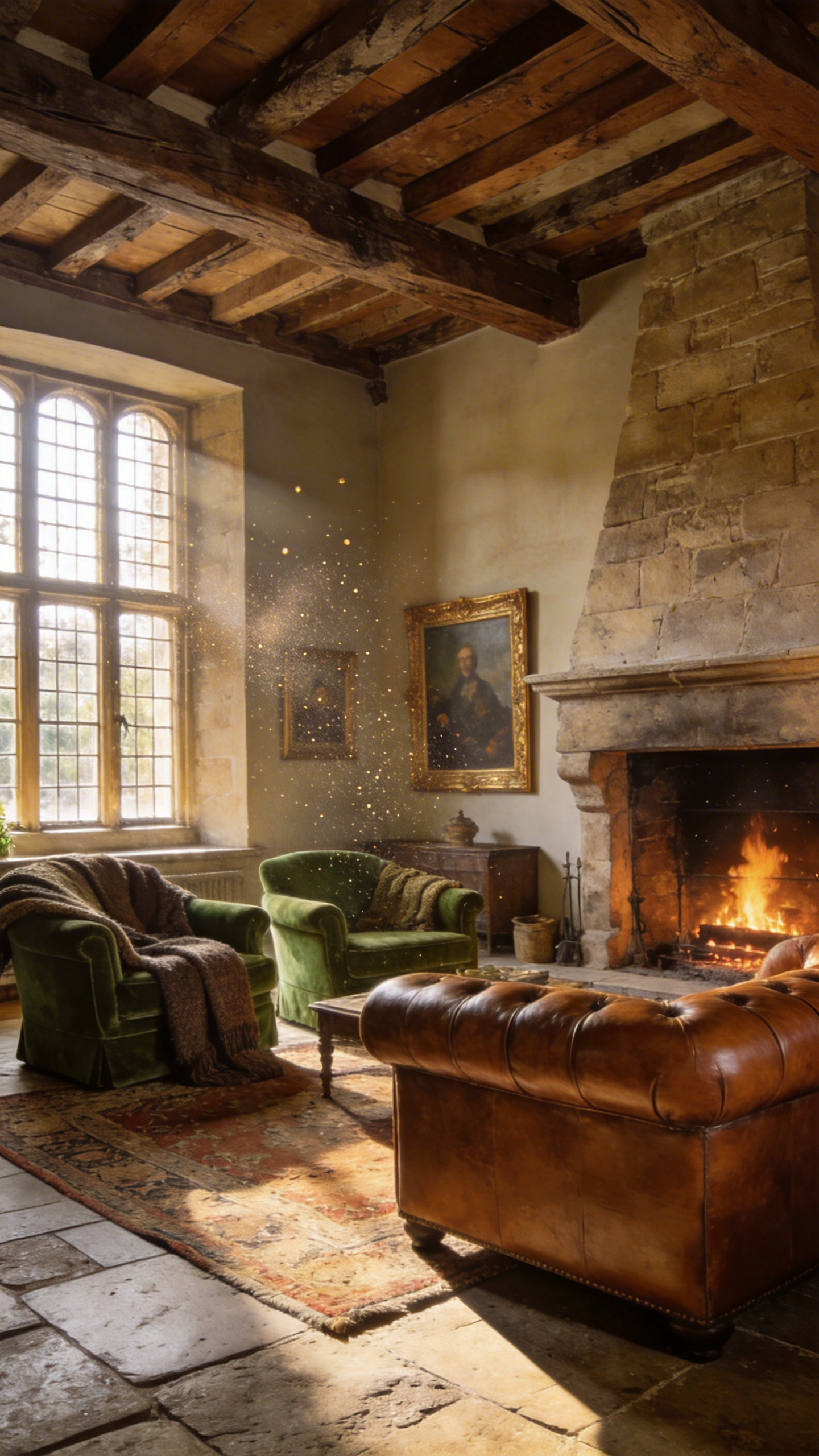 A luxury rustic living room with flagstone floors, a stone fireplace, leather sofas, and antique decor in an English country house style.