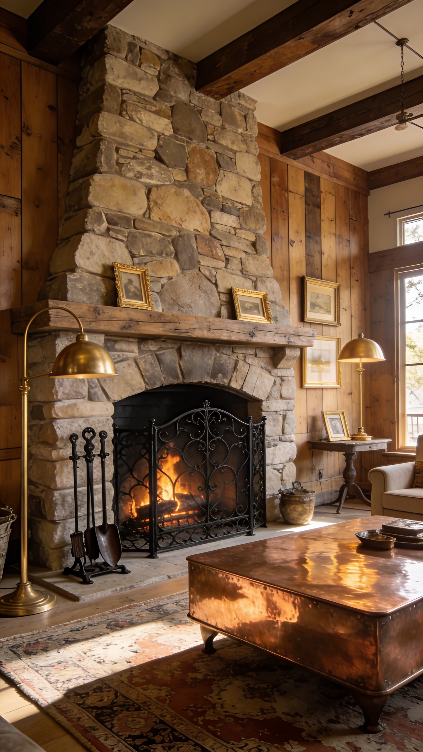 A warm rustic living room with a stone fireplace, matte black wrought iron accents, a hammered copper table, and burnished brass lighting.