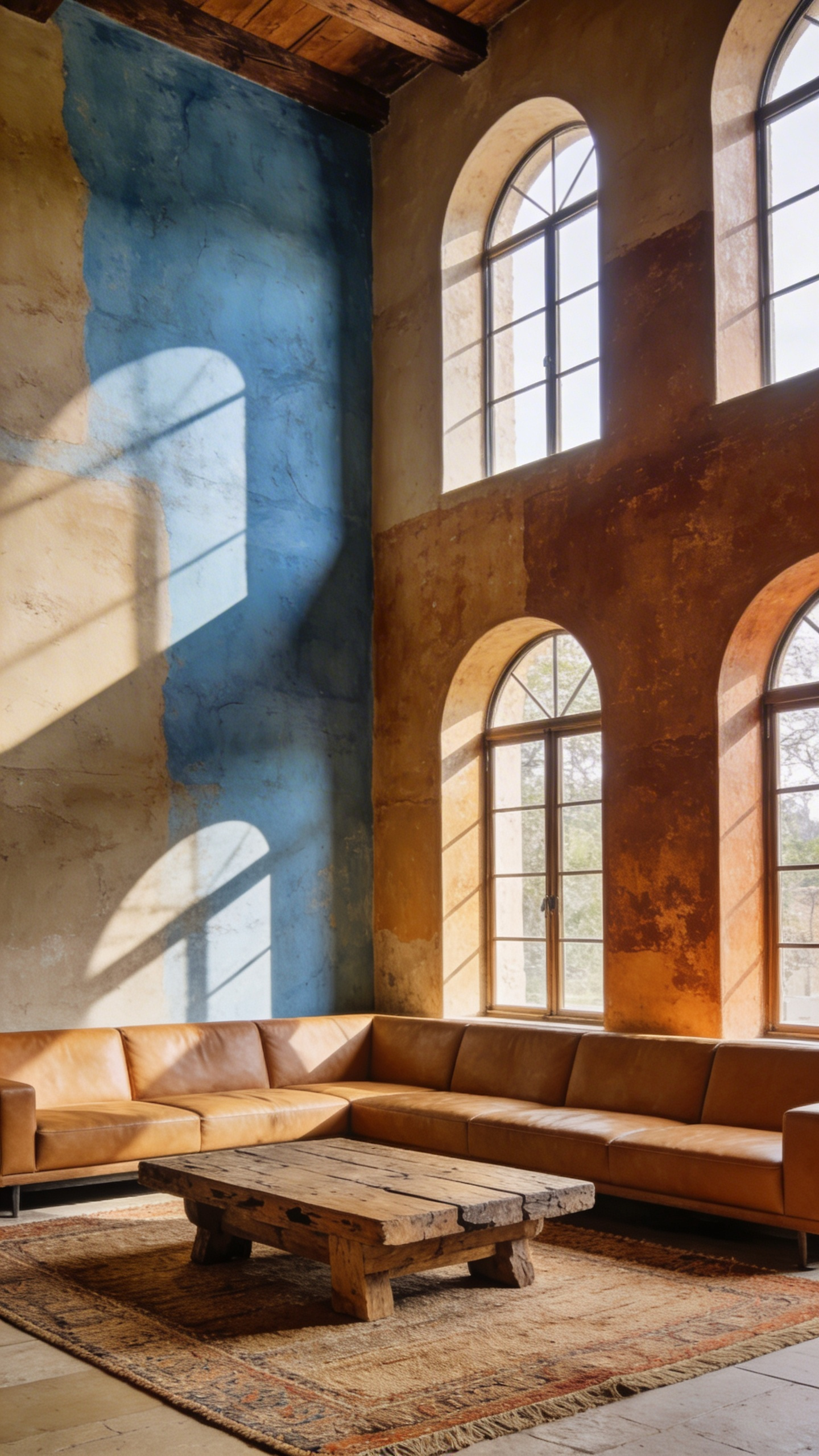 A full-view rustic living room featuring a sophisticated earth-tone color palette of raw and burnt sienna with natural wood accents and large windows.