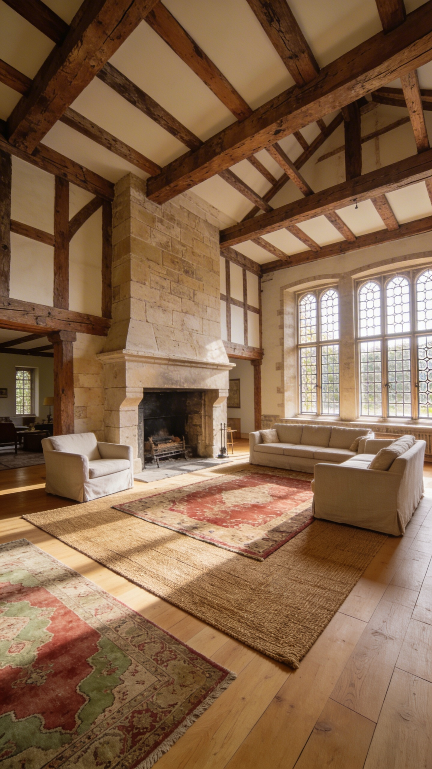 A rustic living room featuring a layered rug technique with a large jute rug under a faded antique Persian rug in an open floor plan.
