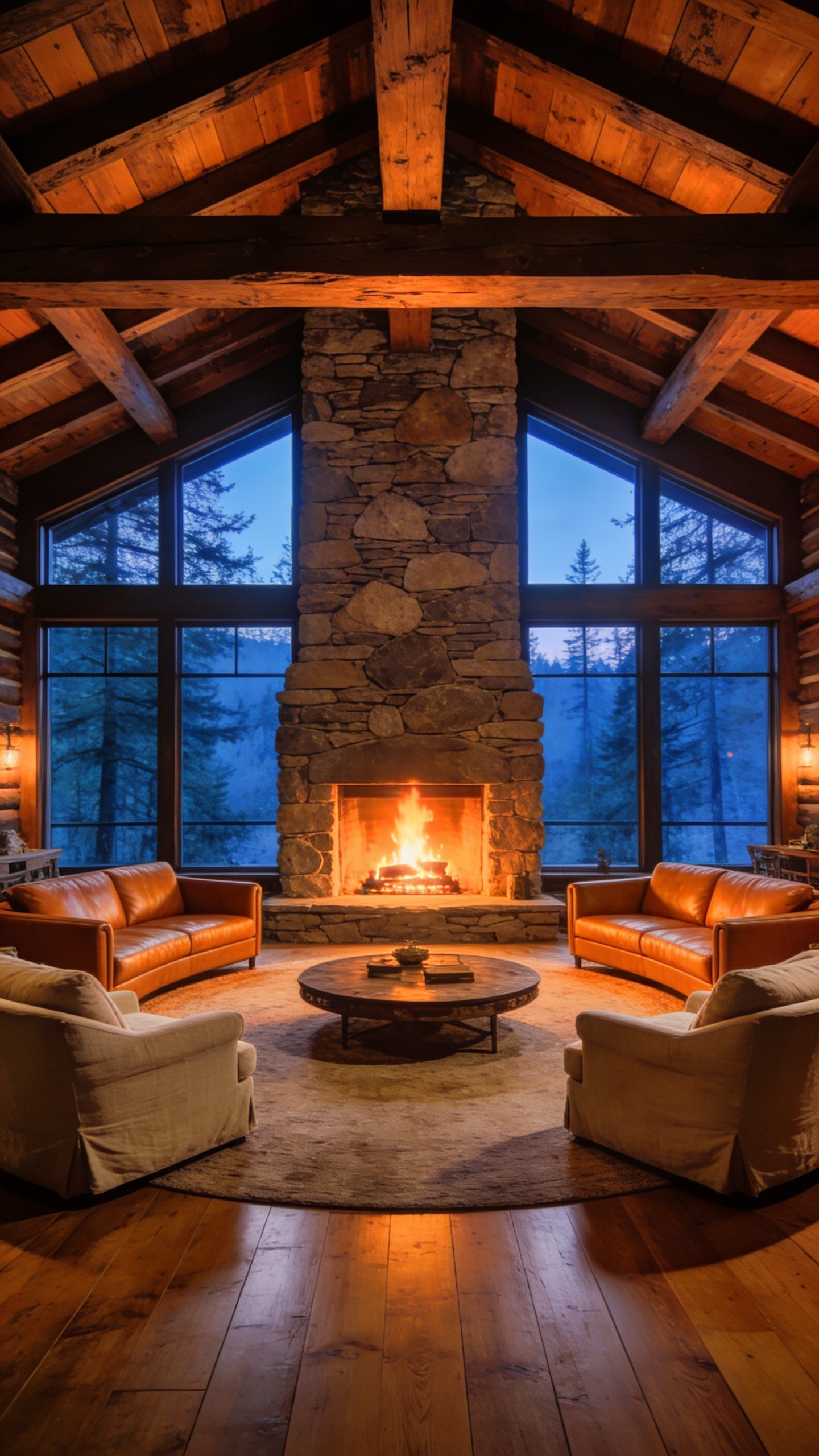 A large rustic living room featuring a massive stone fireplace surrounded by a circular arrangement of leather and linen furniture.