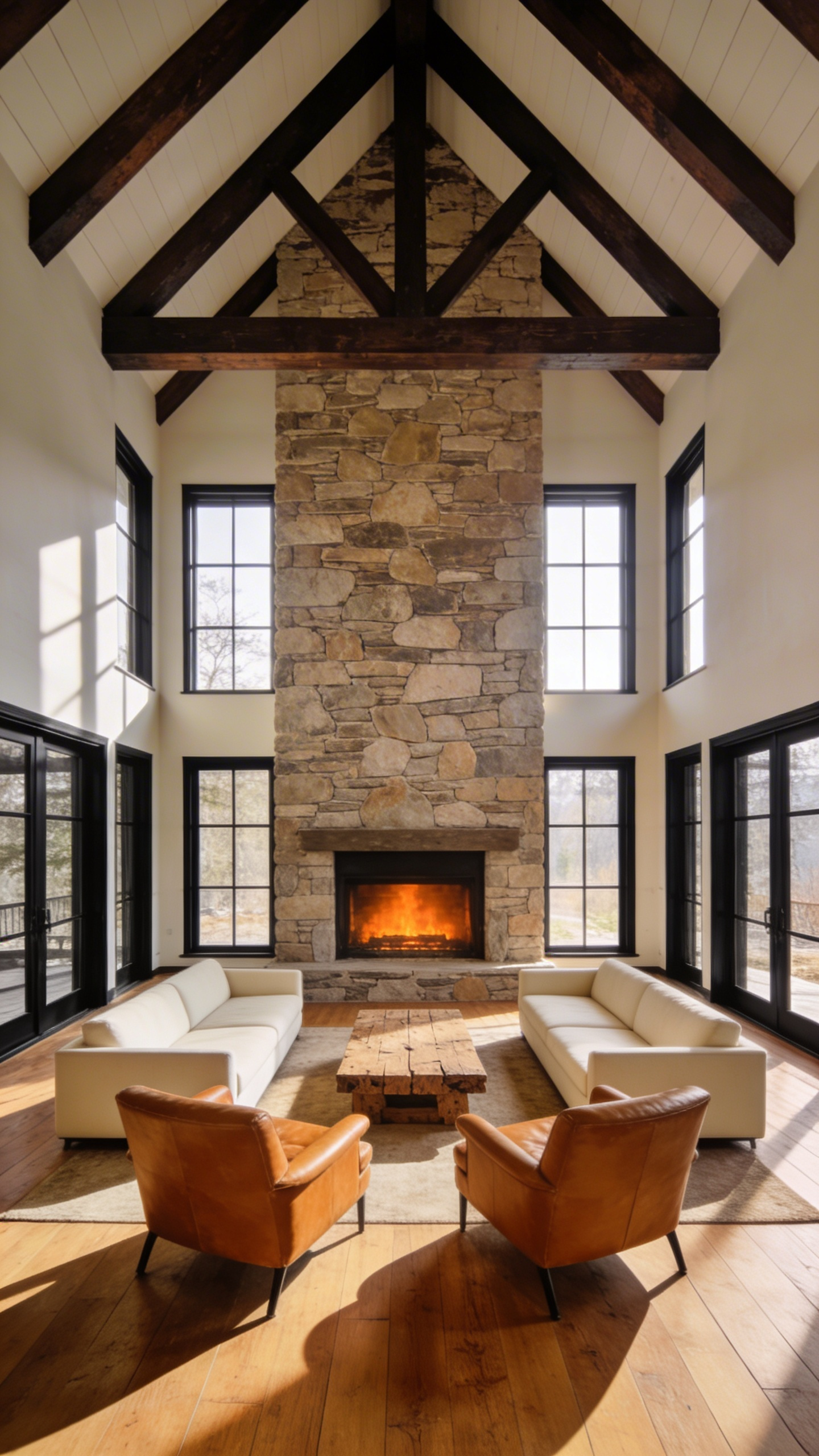 A symmetrical furniture layout in a rustic modern manor living room with a stone fireplace and vaulted wood beam ceilings.