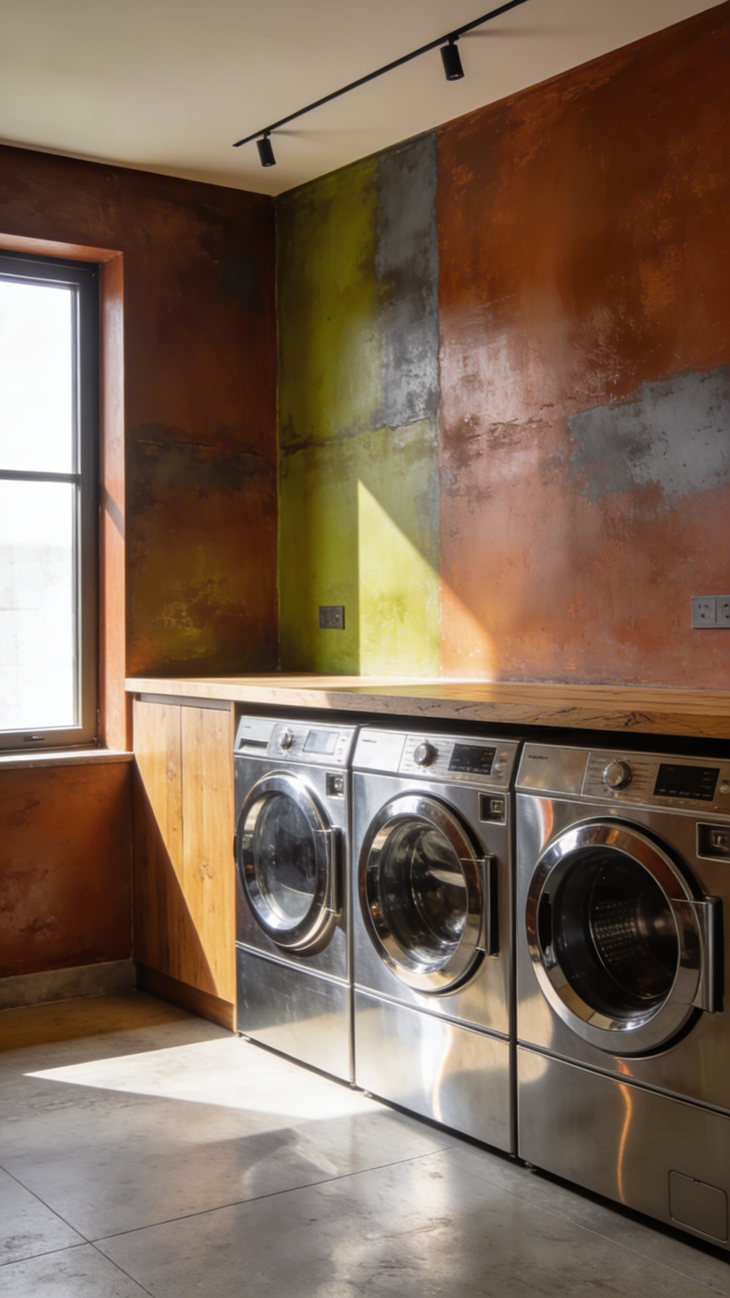 High-end laundry room with smoked terracotta walls, oak countertops, and chrome appliances.