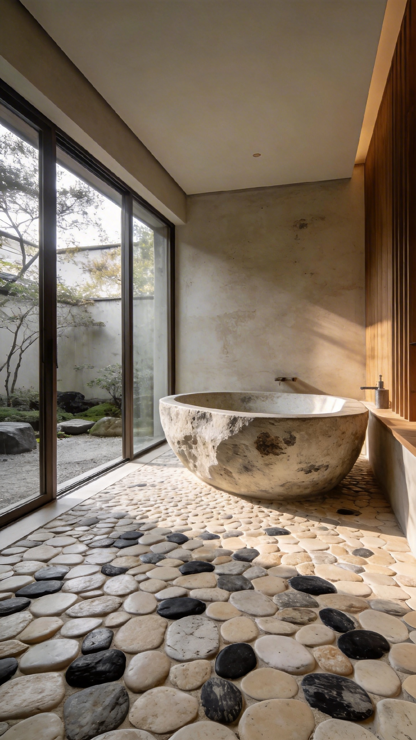 A modern Wabi-Sabi bathroom featuring tumbled river rock mosaic flooring and a stone bathtub in soft natural light.