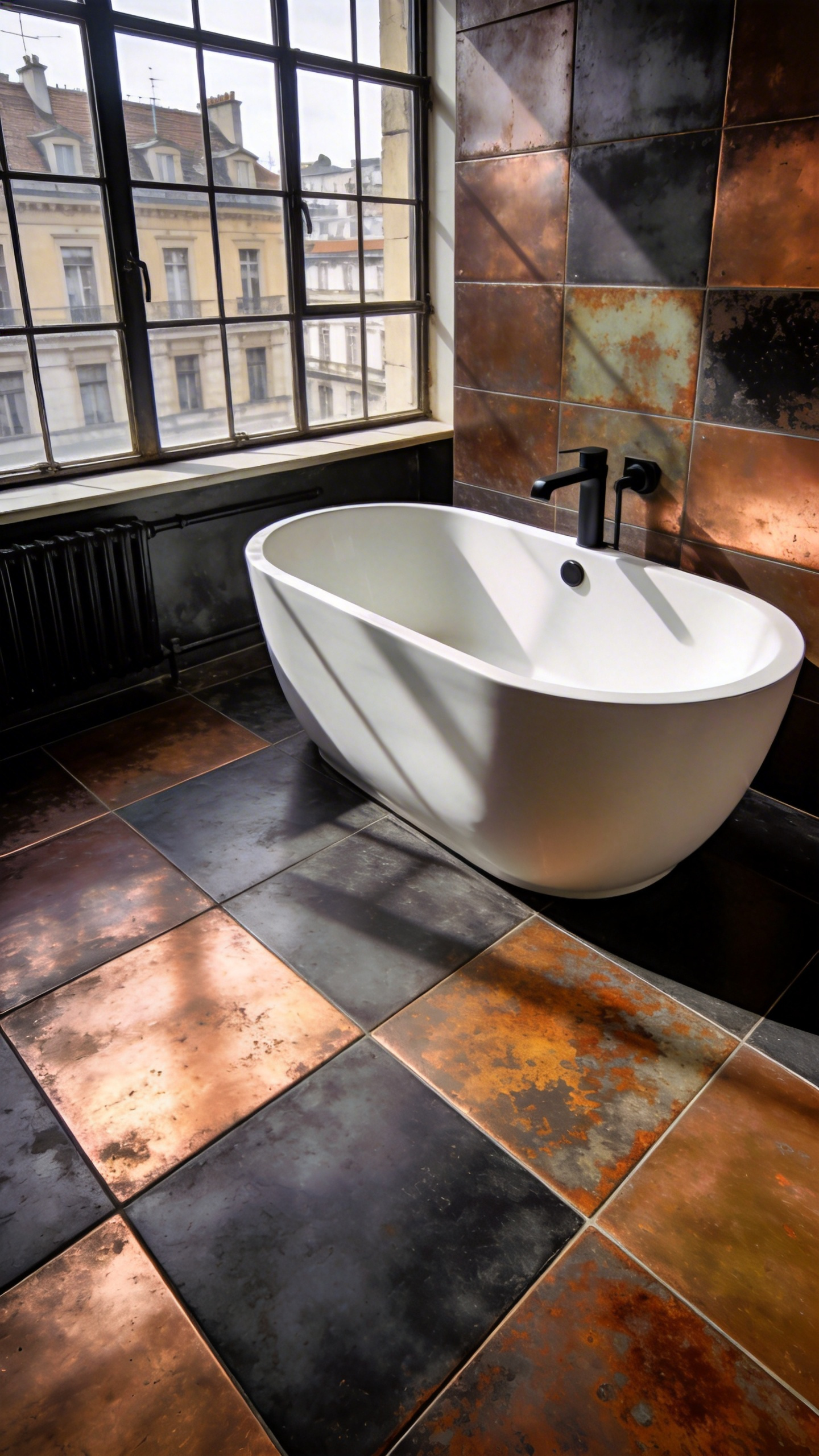 A modern bathroom with large ceramic floor tiles that mimic the look of weathered and oxidized metal in a minimalist setting.